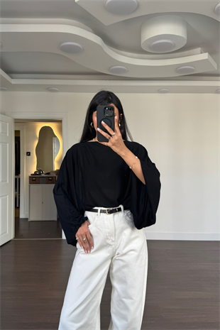 Kolları Lastikli Oversize Bluz-Siyah