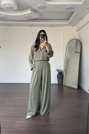 Kontrast Dikişli Bluz Pantolon Takım-Haki