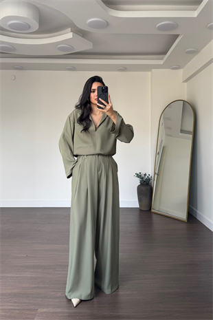 Kontrast Dikişli Bluz Pantolon Takım-Haki