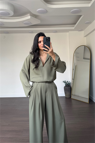 Kontrast Dikişli Bluz Pantolon Takım-Haki