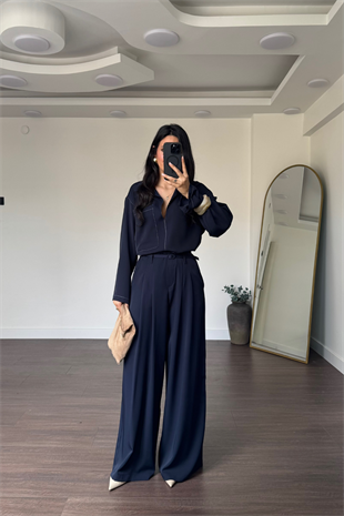 Kontrast Dikişli Bluz Pantolon Takım-Lacivert
