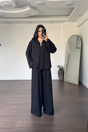 Kontrast Dikişli Bluz Pantolon Takım-Siyah