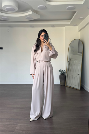 Kontrast Dikişli Bluz Pantolon Takım-Taş