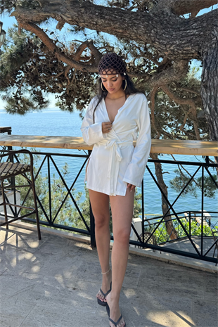 Kruvaze Bağlamalı Kimono Elbise-Ekru