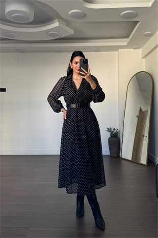 Kruvaze Yaka Puantiyeli Elbise-Siyah