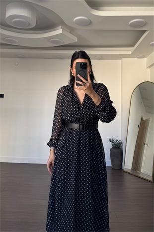 Kruvaze Yaka Puantiyeli Elbise-Siyah