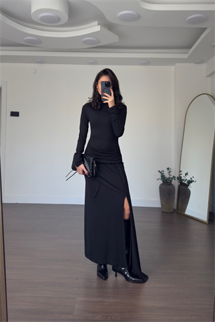 Kuşak Detaylı Elbise-Siyah