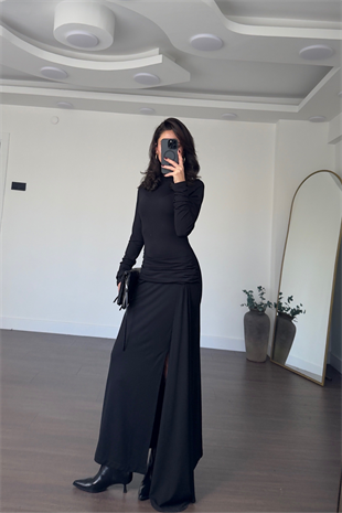 Kuşak Detaylı Elbise-Siyah