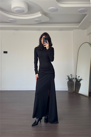 Kuşak Detaylı Elbise-Siyah