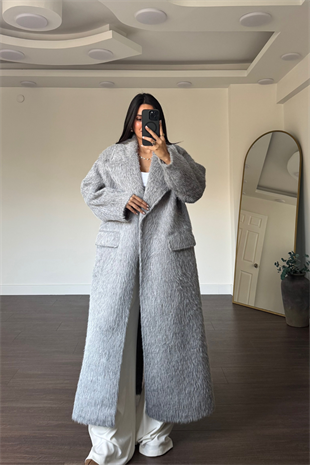 Kuşaklı Oversize Kaban-Gri