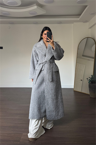 Kuşaklı Oversize Kaban-Gri