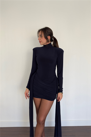 Kuyruklu Mini Elbise-Lacivert