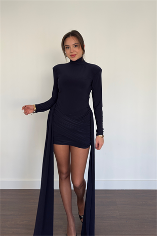 Kuyruklu Mini Elbise-Lacivert