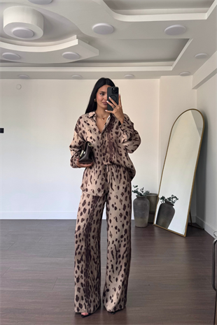 Leopar Gömlek Pantolon Saten Takım