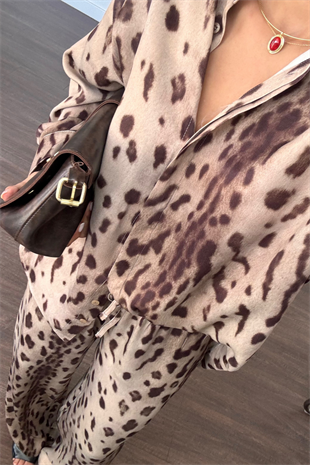Leopar Gömlek Pantolon Saten Takım