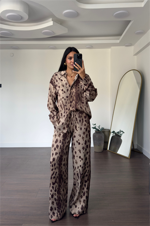 Leopar Gömlek Pantolon Saten Takım