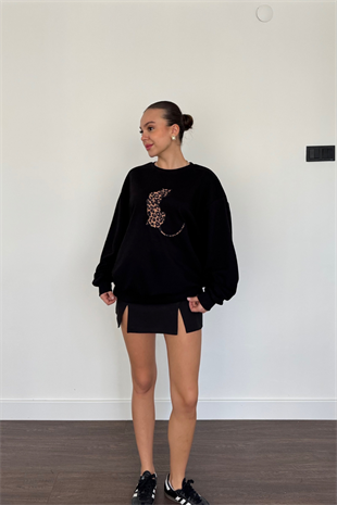 Leopar Baskılı Sweatshirt-Siyah