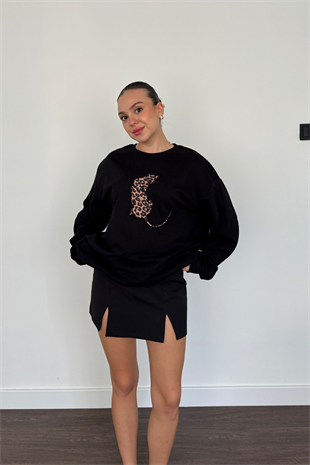 Leopar Baskılı Sweatshirt-Siyah