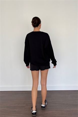 Leopar Baskılı Sweatshirt-Siyah