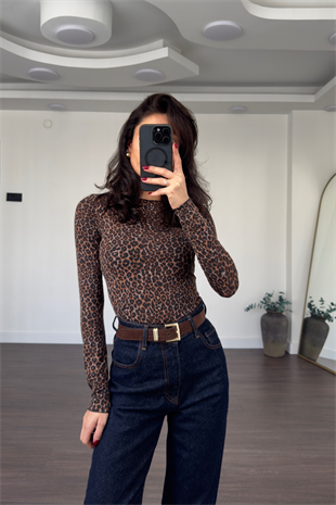 Leopar Desen Kaşmir Bluz-Siyah