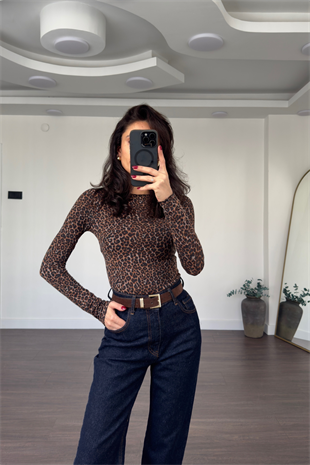 Leopar Desen Kaşmir Bluz-Siyah