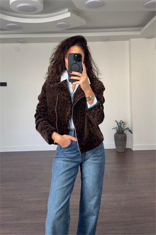 Leopar Desen Kısa Ceket-Siyah
