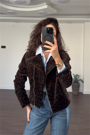 Leopar Desen Kısa Ceket-Siyah