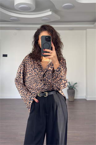 Leopar Desen Nubuk Kumaş Gömlek-Kahve