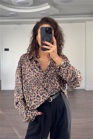 Leopar Desen Nubuk Kumaş Gömlek-Kahve