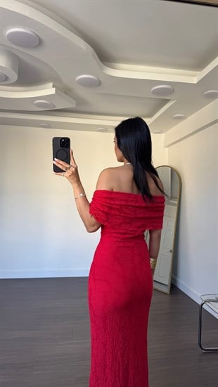 Madonna Yaka Dantel Detay Elbise-Kırmızı