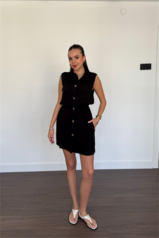 Marka Model Çift Cepli Elbise-Siyah