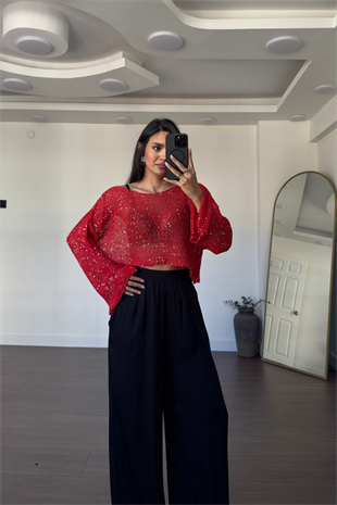Merserize Pullu Crop Bluz-Kırmızı