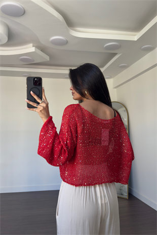 Merserize Pullu Crop Bluz-Kırmızı