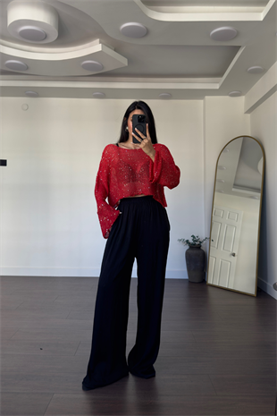 Merserize Pullu Crop Bluz-Kırmızı
