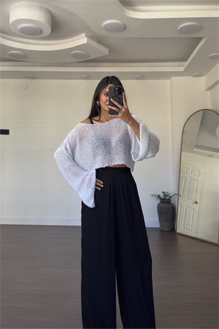 Merserize Pullu Crop Bluz-Beyaz