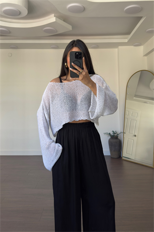 Merserize Pullu Crop Bluz-Beyaz