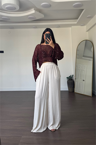 Merserize Pullu Crop Bluz-Bordo