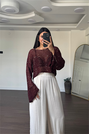 Merserize Pullu Crop Bluz-Bordo