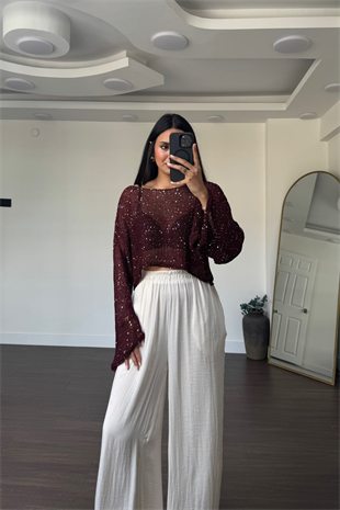 Merserize Pullu Crop Bluz-Bordo