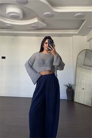 Merserize Pullu Crop Bluz-Gri