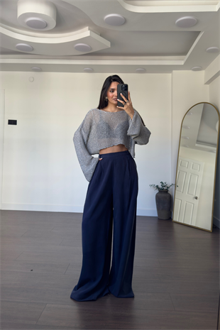 Merserize Pullu Crop Bluz-Gri