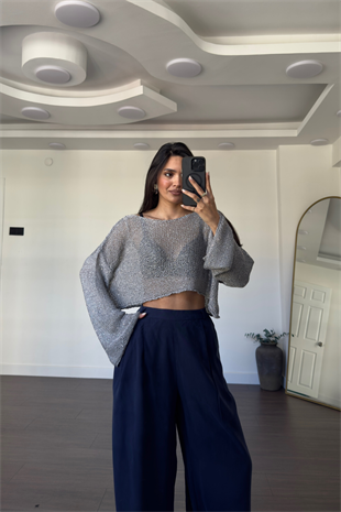 Merserize Pullu Crop Bluz-Gri