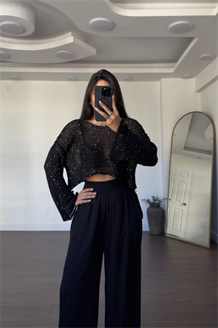 Merserize Pullu Crop Bluz-Siyah