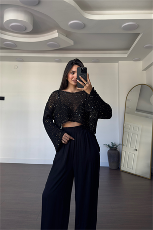 Merserize Pullu Crop Bluz-Siyah