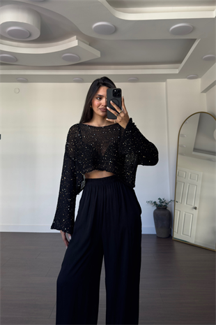 Merserize Pullu Crop Bluz-Siyah