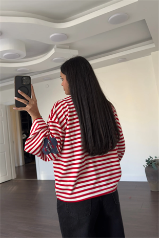 Modal Kumaş Lacivert Yıldız Baskılı Çizgili Sweatshirt-Kırmızı Ekru
