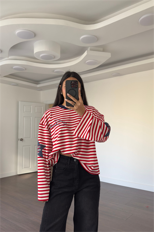 Modal Kumaş Lacivert Yıldız Baskılı Çizgili Sweatshirt-Kırmızı Ekru