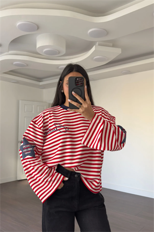 Modal Kumaş Lacivert Yıldız Baskılı Çizgili Sweatshirt-Kırmızı Ekru