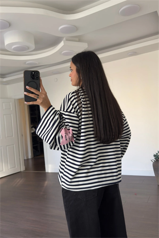 Modal Kumaş Pembe Yıldız Baskılı Çizgili Sweatshirt-lacivert  Ekru