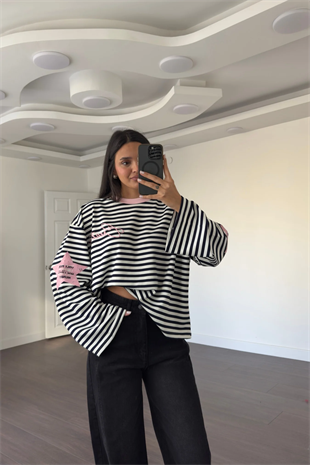 Modal Kumaş Pembe Yıldız Baskılı Çizgili Sweatshirt-lacivert  Ekru